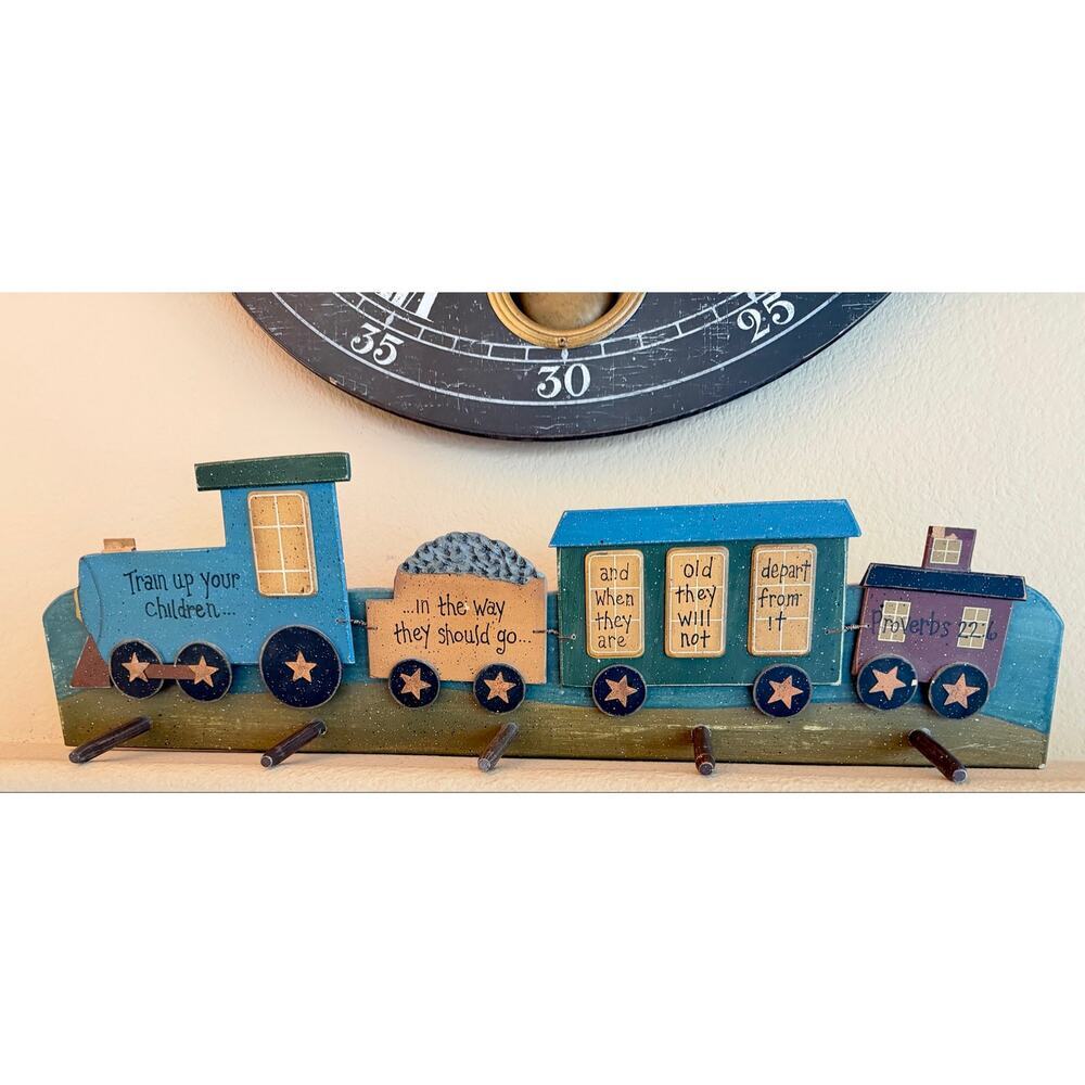 Vintage Wooden Train Proverbs 22:6 Peg Rack Child Room Nursery Christian Decor